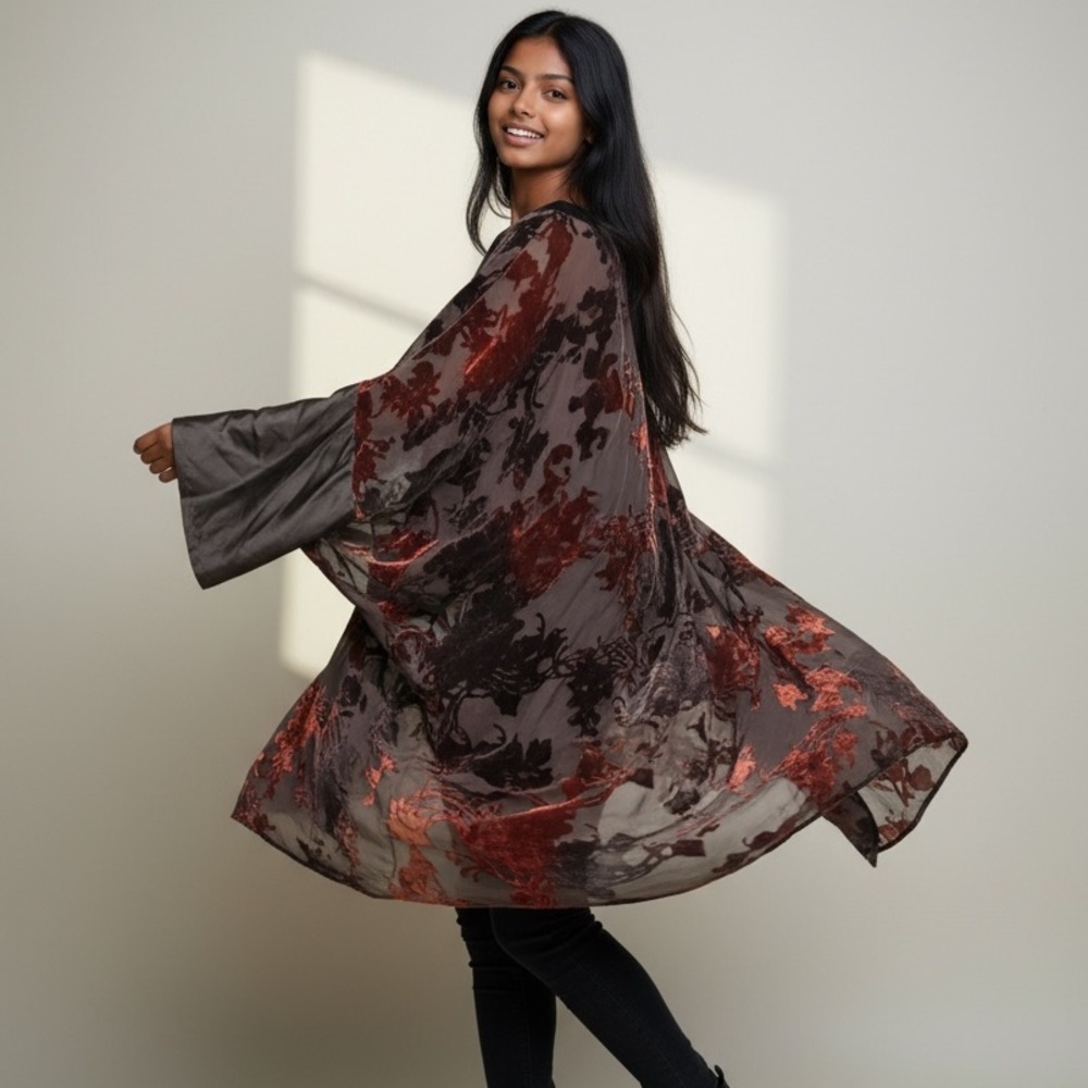 Josie Natori Burnout Velvet Sheer Tunic Kimono Dress Women’s Large RARE